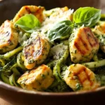 Zucchini noodles with pesto sauce and grilled chicken on a plate.