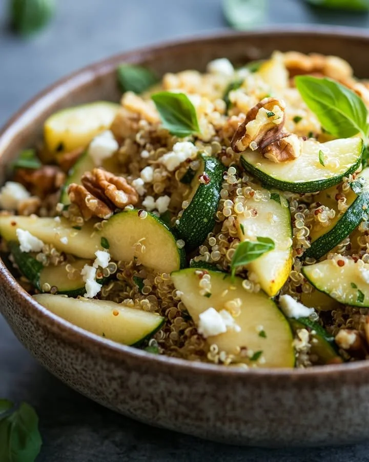 Zucchini and Roasted Pear Quinoa Salad served in a bowl